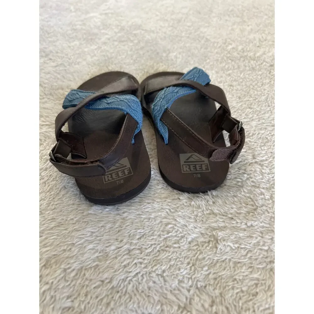 Reef Flip Flops 7/8 Toddler Brown Blue Embroidered Strap Back Hook and Loop